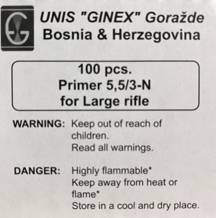 Unis "Ginex" Primers - Large Rifle 1000 pcs (100/Sleeve, 10 Sleeves/Box)